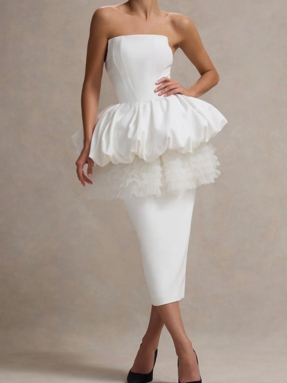 Club L London White Strapless Peplum Midi Dress